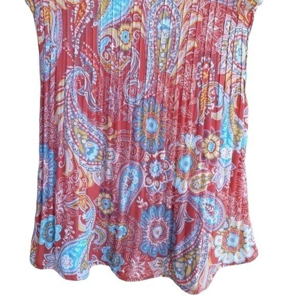 90's Pleated Paisley Print Sleeveless Keyhole Scoop Neck Blouse Coral Sz S - Picture 6 of 11